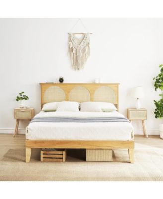 Rattan LED Headboard Storage Modern Boho Design Heavy-Duty 1000 lbs Capacity Platform Bed Frame