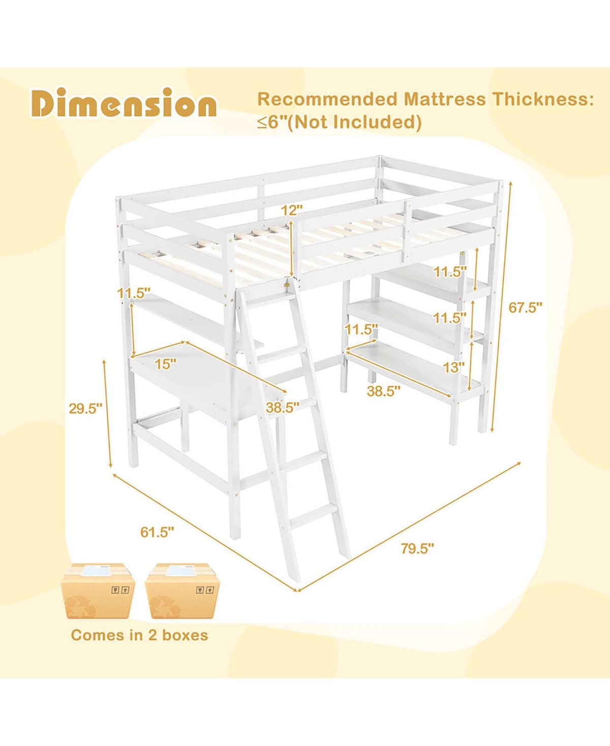 Gymax Twin Solid Wood Loft Bed w/ Desk & Bookshelves Ladder Guardrails
