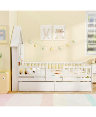 Twin Size House Bed w/ 2 Drawers Kids Montessori Bed w/ Storage Headboard