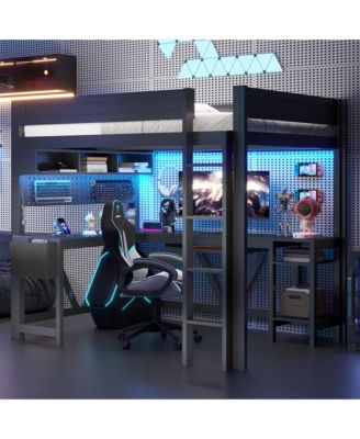 Wood Full Size Gaming Loft Bed w Built In Desk Charging Station LED Lighting Storage Shelves Multifunctional Modern Living Spaces Furniture