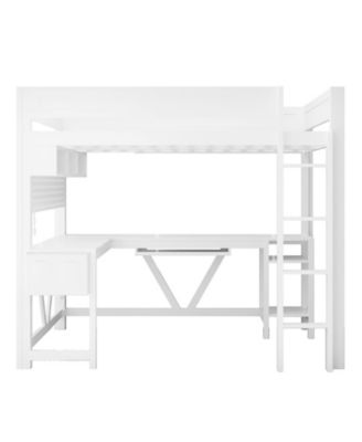 White Wood Full Size Gaming Loft Bed Built In Desk Charging Station LED Lighting Storage Shelves Multifunctional Modern Living Space Furniture