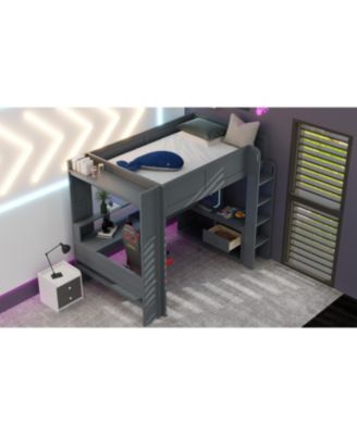 Dark Gray Wood Full Size Gaming Loft Bed Built In Desk Charging Station Storage Shelves LED Lighting Space Saving Teens Adults Furniture