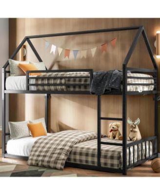 Twin Over Twin Metal Bunk Bed with Ladder & Guardrail, House-Shaped Frame, Space-Saving Design, No Box Spring Needed – Black