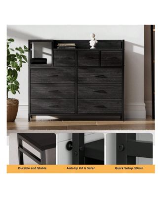 9-Drawer Modern Dresser TV Stand with Charging Station, Open Shelf, Power Outlets, Storage Media Console, Black