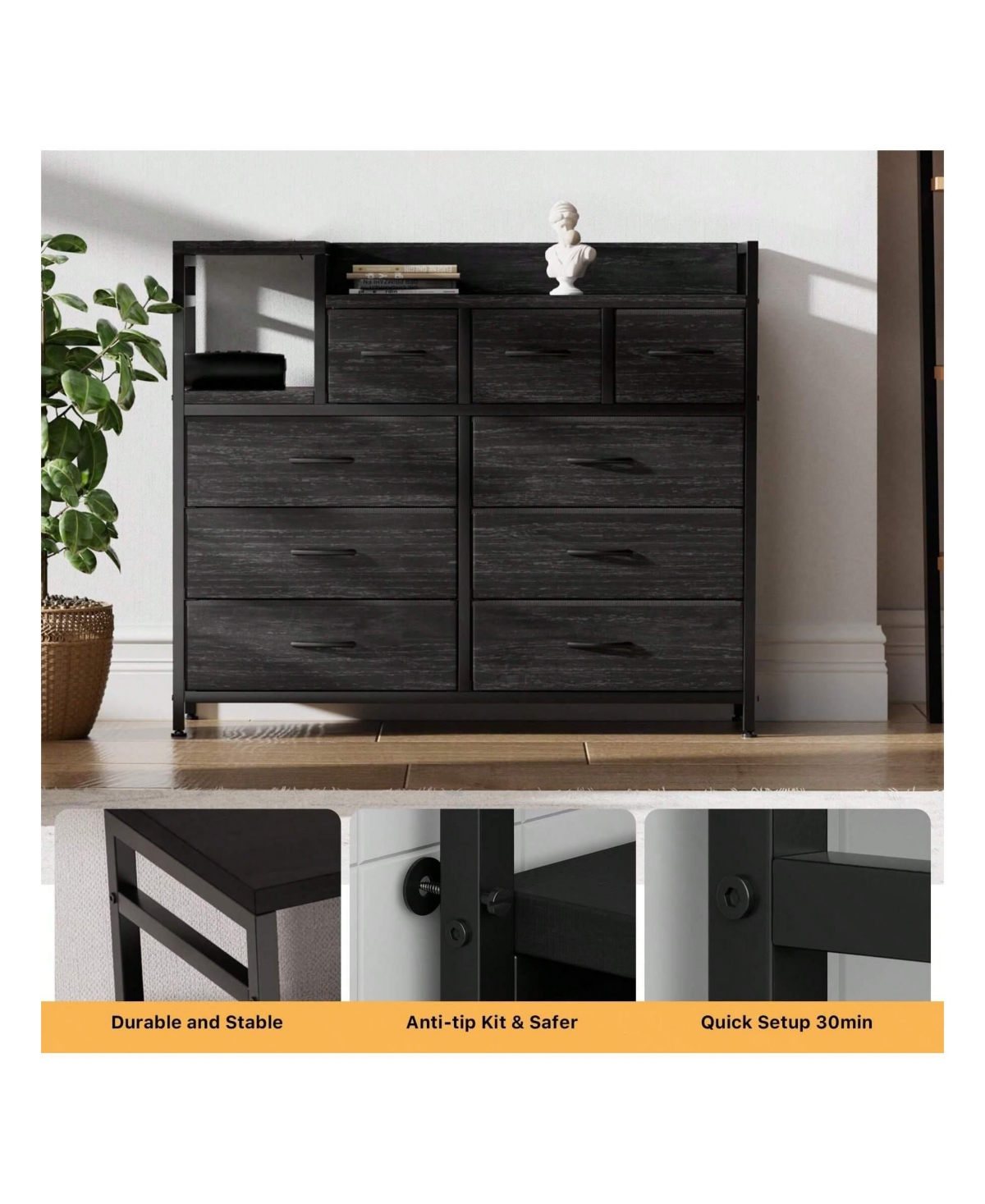 9-Drawer Modern Dresser Tv Stand with Charging Station, Open Shelf, Power Outlets, Storage Media Console, Black