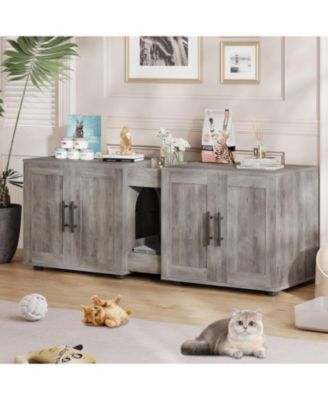 Double Room Cat Litter Cabinet, Stylish Storage Litter Box Enclosure for Two Cats, Cat Mat, Organizer, Gray