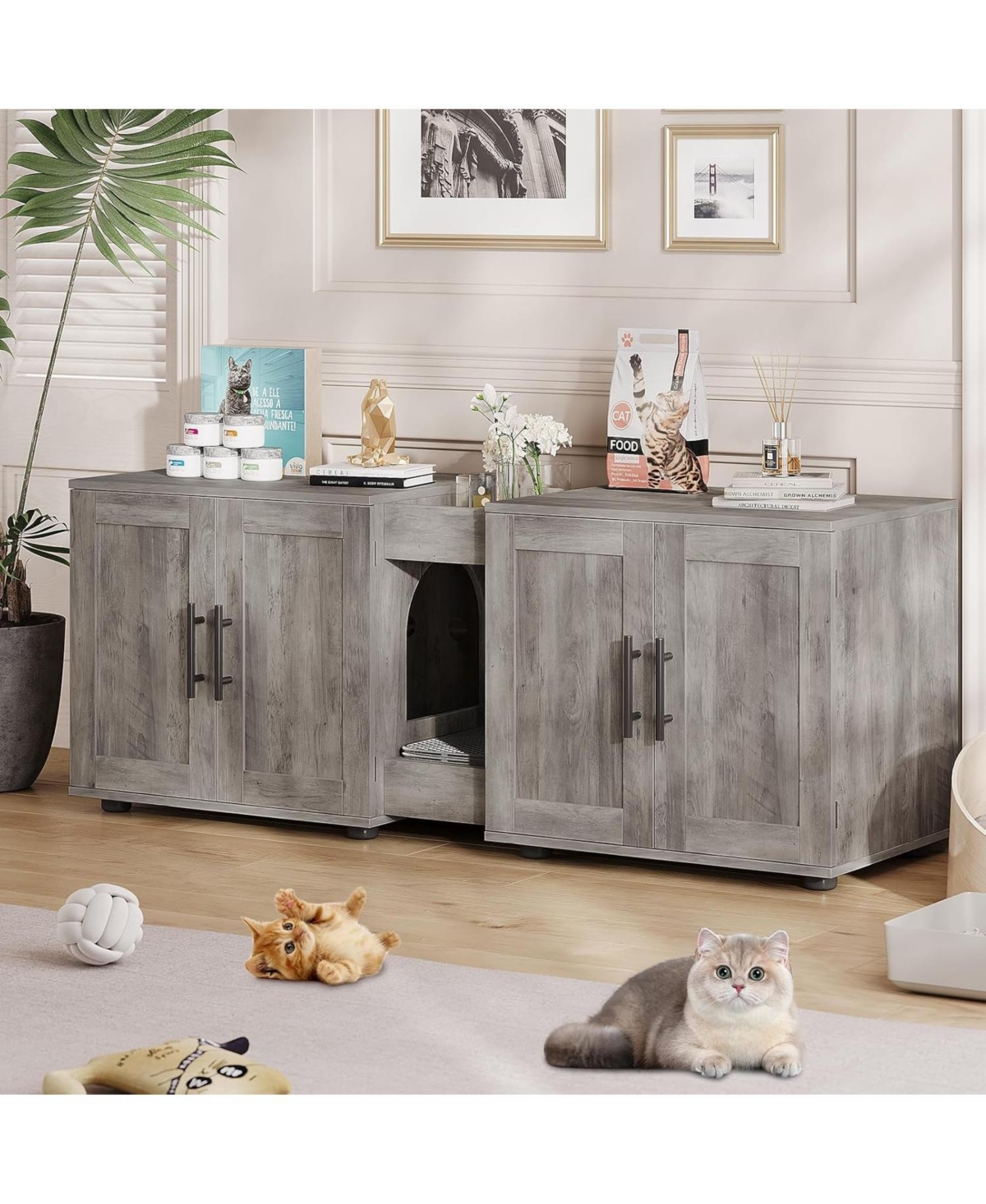 gaomon Double Room Cat Litter Cabinet, Stylish Storage Litter Box Enclosure for Two Cats, Cat Mat, Organizer, Gray