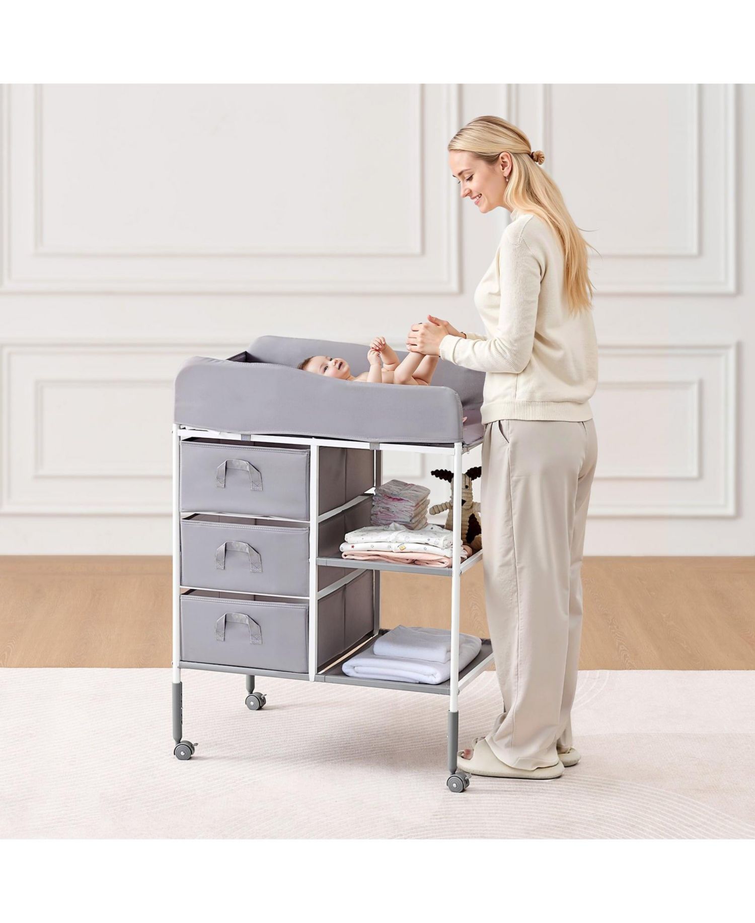 Portable Baby Changing Table with 3 Drawers and Wheels, Diaper Change Station