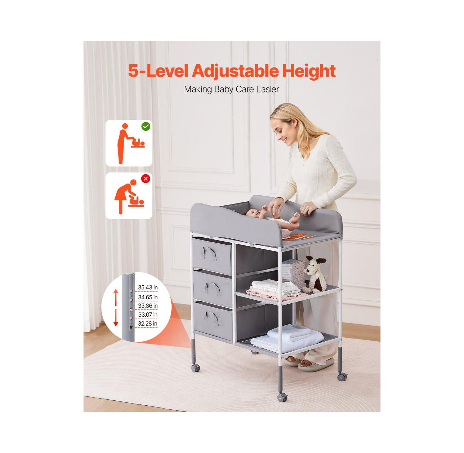 Portable Baby Changing Table with 3 Drawers and Wheels, Diaper Change Station