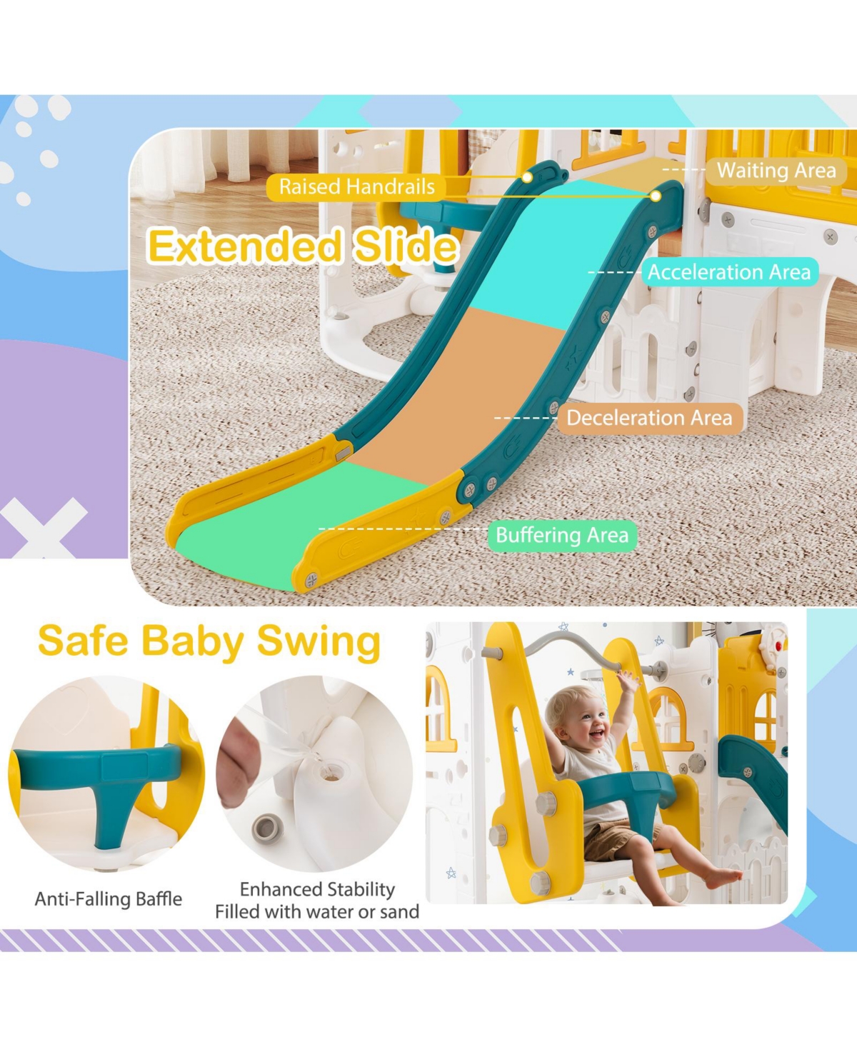 Hongge 10-in-1 Toddler Swing and Slide Playset with Climber and Basketball Hoop