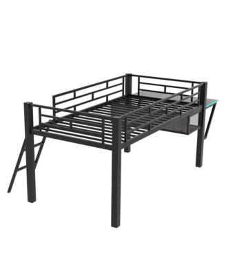 Black Metal Twin Size Gaming Mid Loft Bed with BuiltIn Desk and MultiColor LED Lighting Space Saving Furniture for Kids and Teens Bedrooms
