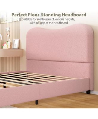 Upholstered Bed Frame with Headboard, Low Profile Platform, Rounded Corners, Wooden Slats - Full