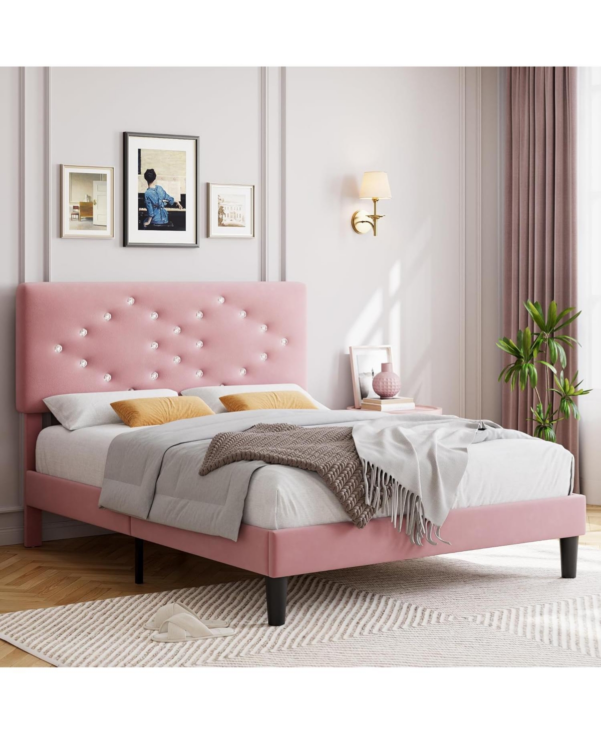 gaomon Velvet Upholstered Bed Frame with Tufted Headboard
