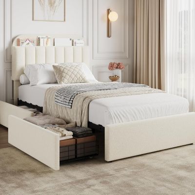 Boucle Upholstered Platform Bed with 2 Storage Drawers and Bookcase Headboard, Noise-Free, Easy Assembly, No Box Spring Needed