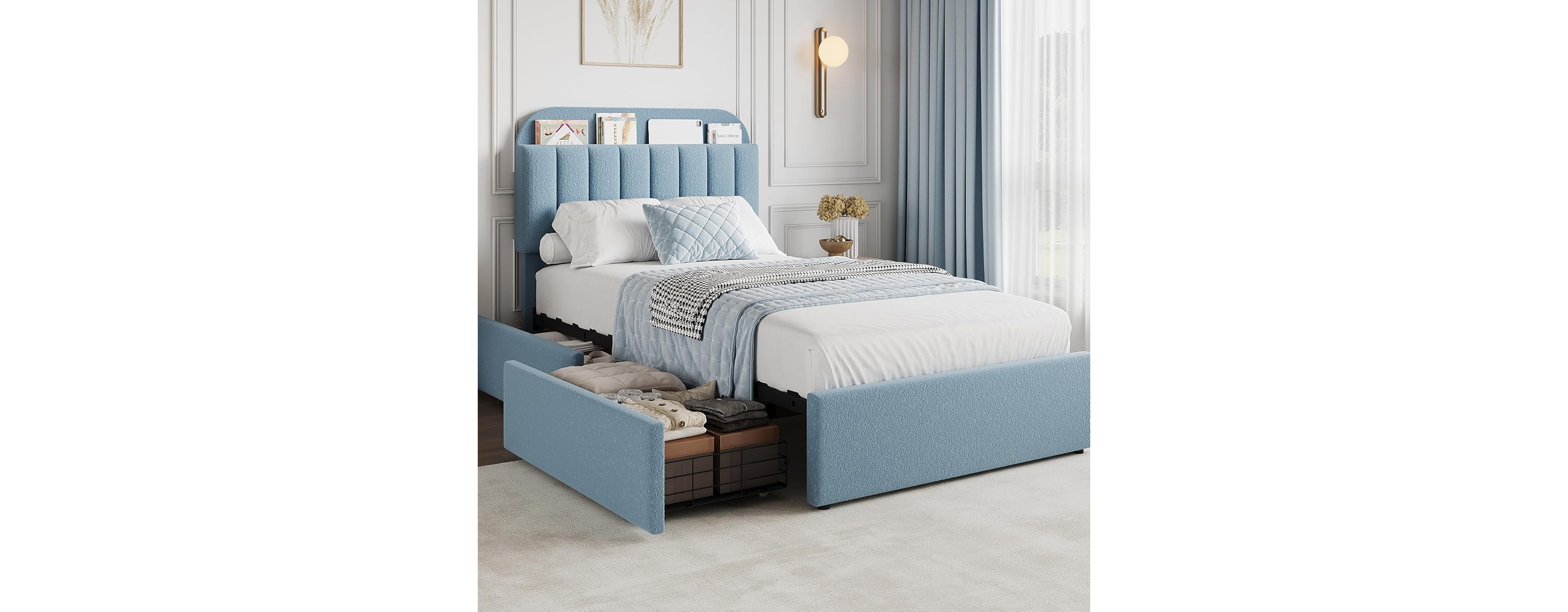 gaomon Boucle Upholstered Platform Bed with 2 Storage Drawers and Bookcase Headboard, Noise-Free, Easy Assembly, No Box Spring Needed