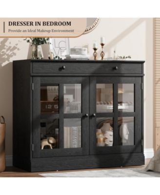 35.4 Inch Black Sideboard Buffet Cabinet, Glass Door, Drawer Storage, Modern Dining Room, Kitchen Cabinet