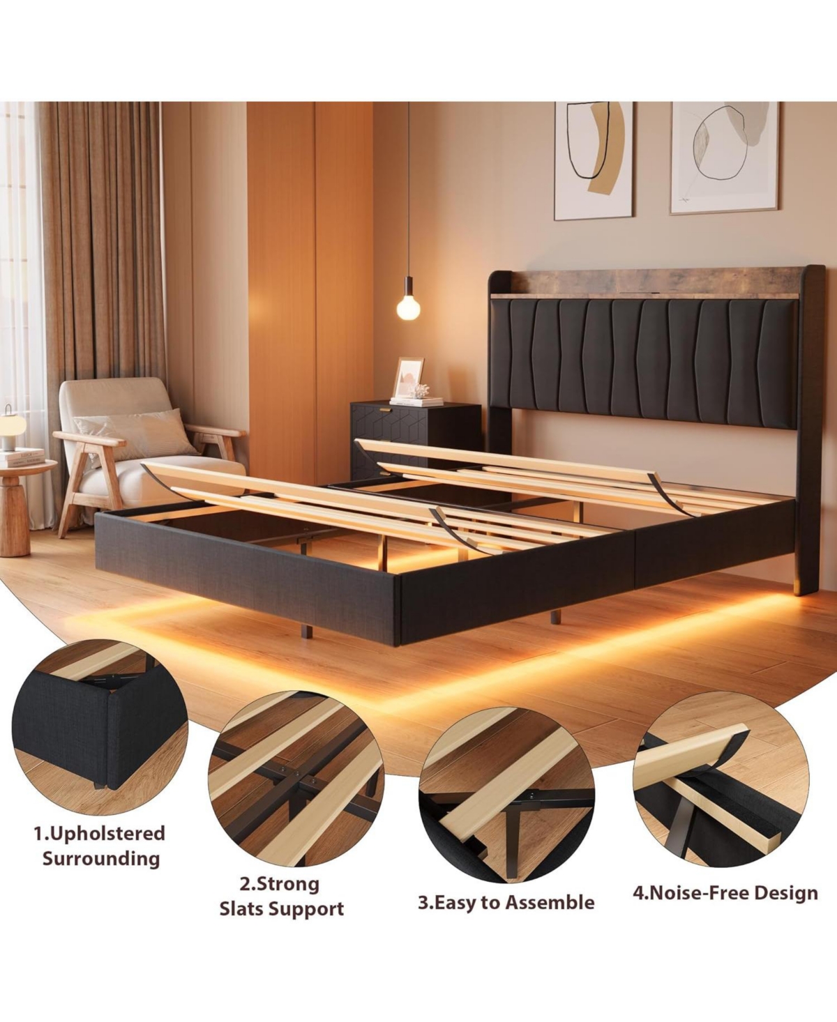 Gaomon Queen Floating Bed Frame with Led Lights & Charging Station