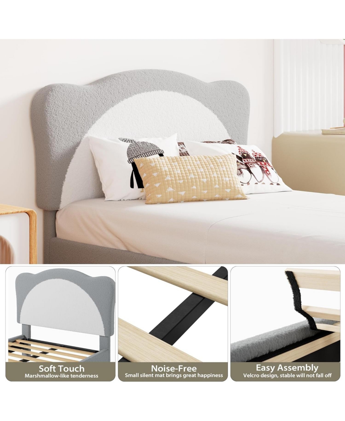 Gaomon Princess Bed Frame for Kids - Adjustable Scallop Headboard, Velvet Upholstered, No Box Spring Needed