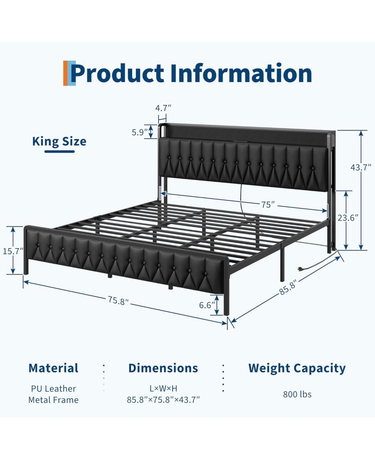 gaomon King Bed Frame with Pu Faux Leather, Charging Station, Platform Storage, Soft Headboard, No Box Spring Needed