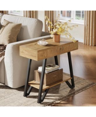 End Side Table for Living Room, Narrow Couch Arm Side Table with Storage Shelves, Small Bedside Nightstand