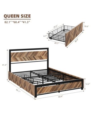 Queen Size Bed Frame with 4 Storage Drawers, Metal Platform Bed Frame with Rustic Vintage Wood Headboard