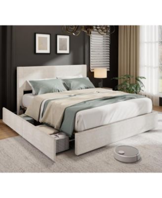 Corduroy Upholstered Platform Bed Frame with Tufted Wingback Headboard, Wood Slat Support, and 4 Storage Drawers. - Standard/Queen
