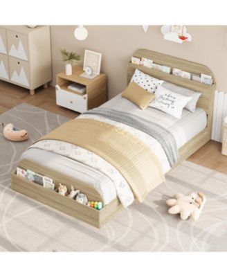 Twin Kids Bed Frame with Storage Headboard & Footboard, Low Profile Wood Platform, Sturdy Slats, No Box Spring Needed