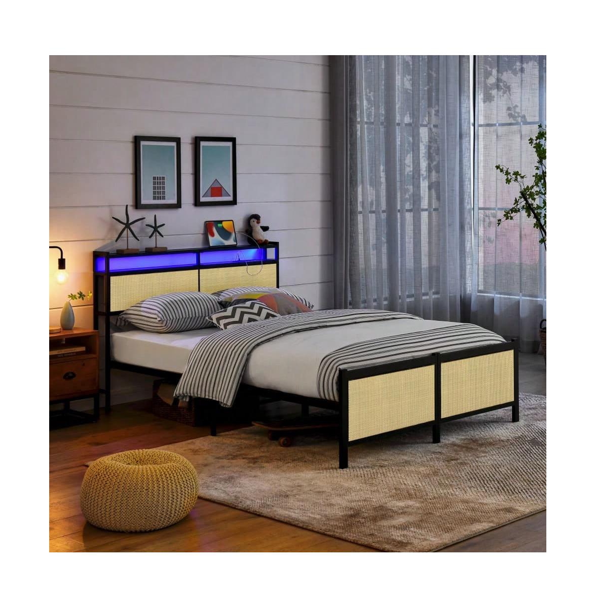 gaomon Full Size/Queen Size Bed Frame with Rattan Headboard, Metal Platform Bed with Led Light Usb Charging Port