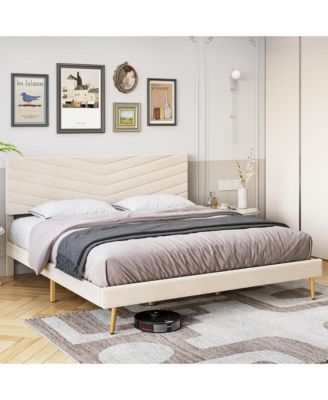 King Size Bed Frame with Velvet Upholstered Headboard