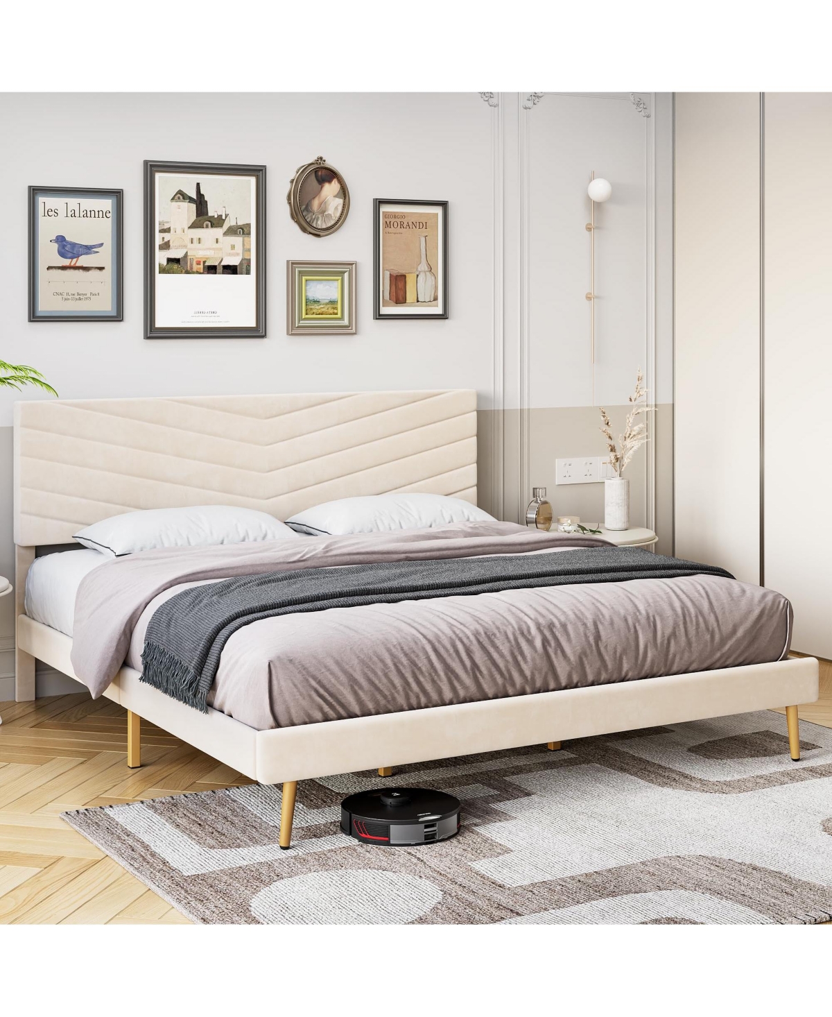 gaomon King Size Bed Frame with Velvet Upholstered Headboard