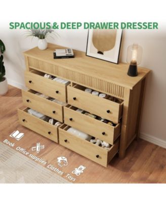 6 Drawer Dresser for Bedroom, Wooden Chest of Drawers, Fluted TV Stand Storage Organizer for Living Room, Hallway and Entryway, Natural Oak