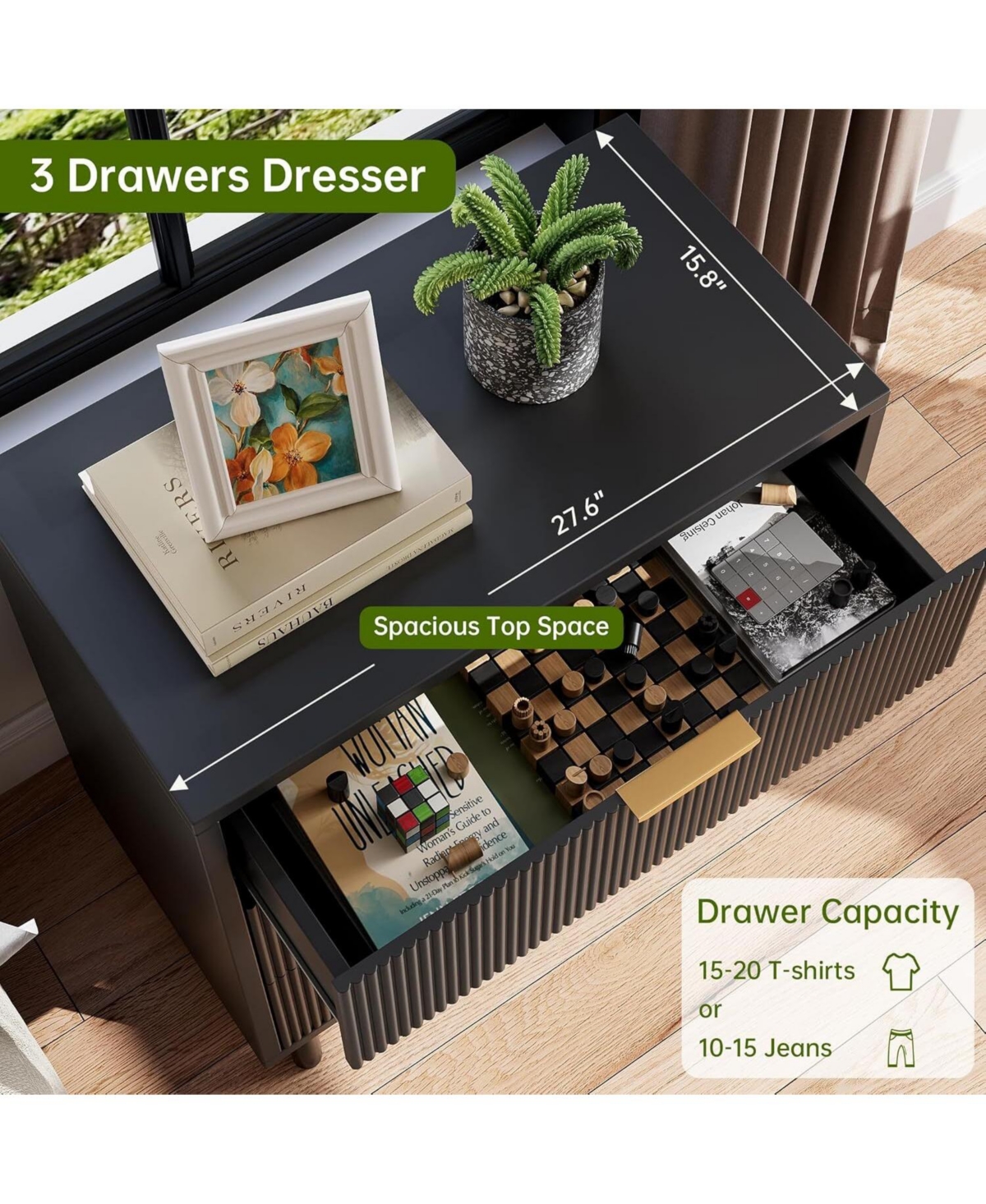 gaomon Black Fluted 3 Drawers Dresser, Wide Wood Chest of Drawers, Modern Storage Dresser Chest of Drawers Organizer