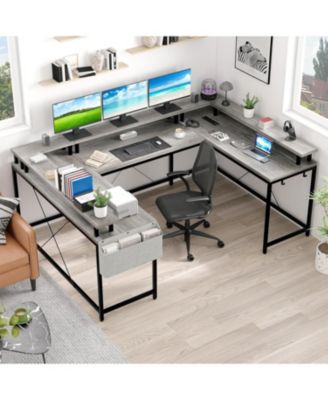 78" Wooden Power Outlets & RGB LED, Reversible L-Shaped Home Office Desk with Storage U-Shaped Gaming Computer Desk