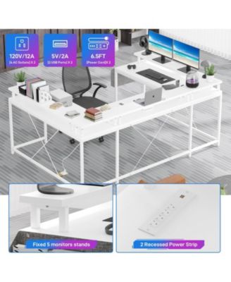 78" White U-Shaped Computer Desk with Power Outlets & RGB LED, Reversible L-Shaped Home Office Desk