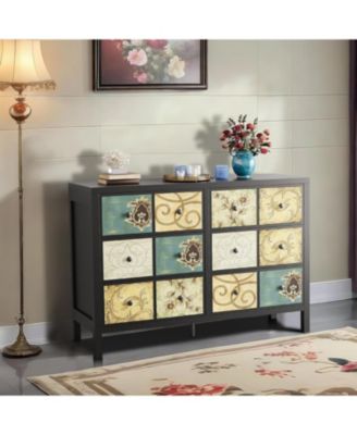 6-Drawer Rustic Modern Wood Retro Floral Pattern Farmhouse Style Dresser Bedroom Chest with Metal Handle