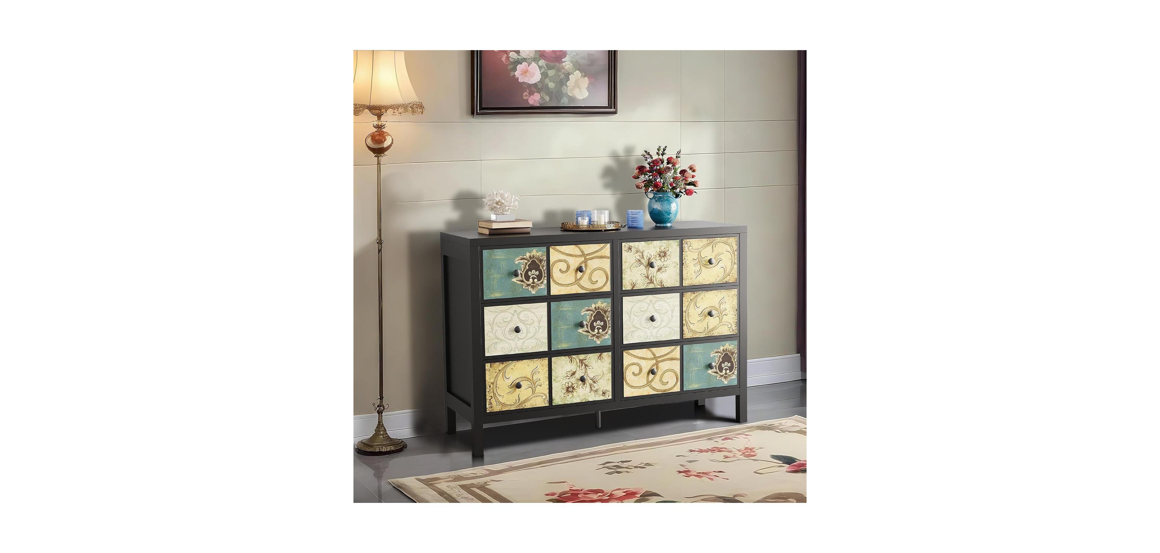 gaomon 6-Drawer Rustic Modern Wood Retro Floral Pattern Farmhouse Style Dresser Bedroom Chest with Metal Handle