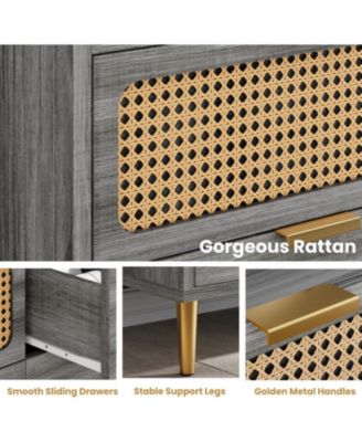 6-Drawer Double Dresser, 47" Wide, Modern Wood Chest, Rattan Storage for Bedroom, Living Room, Hallway, Gray