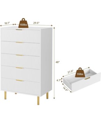 5-Drawer Modern White Dresser, Wood Chest Organizer with Gold Handle, Tall Cabinet for Bedroom, Living Room, Entryway