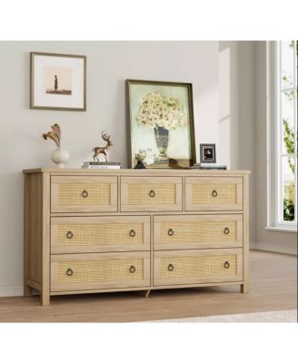 7-Drawer Freestanding Rattan Cabinet Dresser, Wood Chest with Anti-Tip, Storage Organizer for Bedroom, Living Room