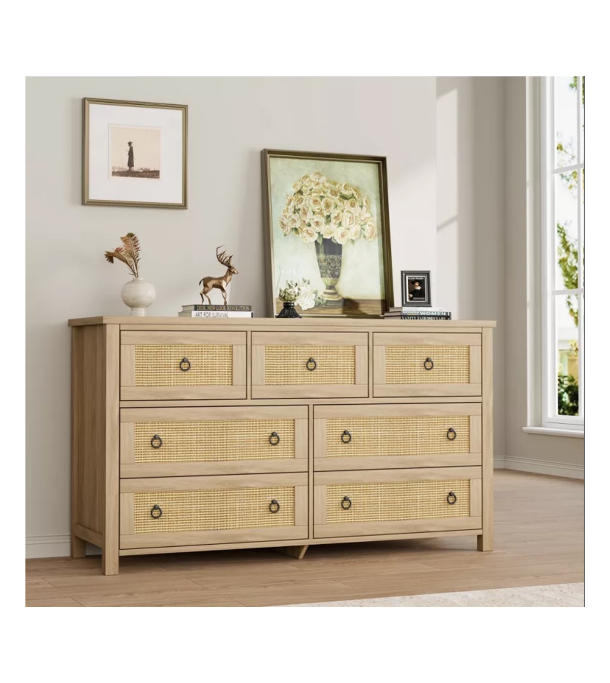 gaomon 7-Drawer Freestanding Rattan Cabinet Dresser, Wood Chest with Anti-Tip, Storage Organizer for Bedroom, Living Room