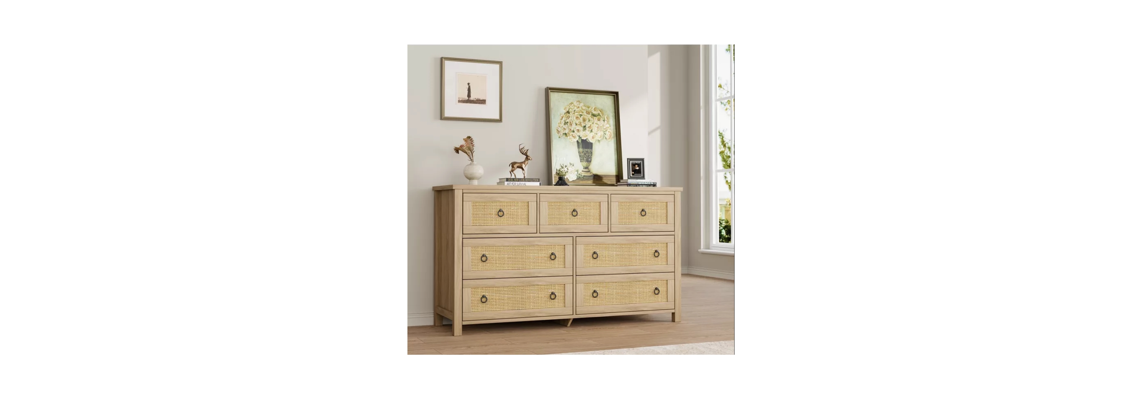 gaomon 7-Drawer Freestanding Rattan Cabinet Dresser, Wood Chest with Anti-Tip, Storage Organizer for Bedroom, Living Room