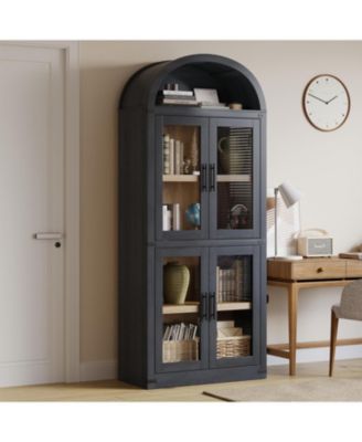 71.4 Inch Arched Bookshelf with Glass Doors, Rustic Premium Wood Display Cabinet for Living Room, Black