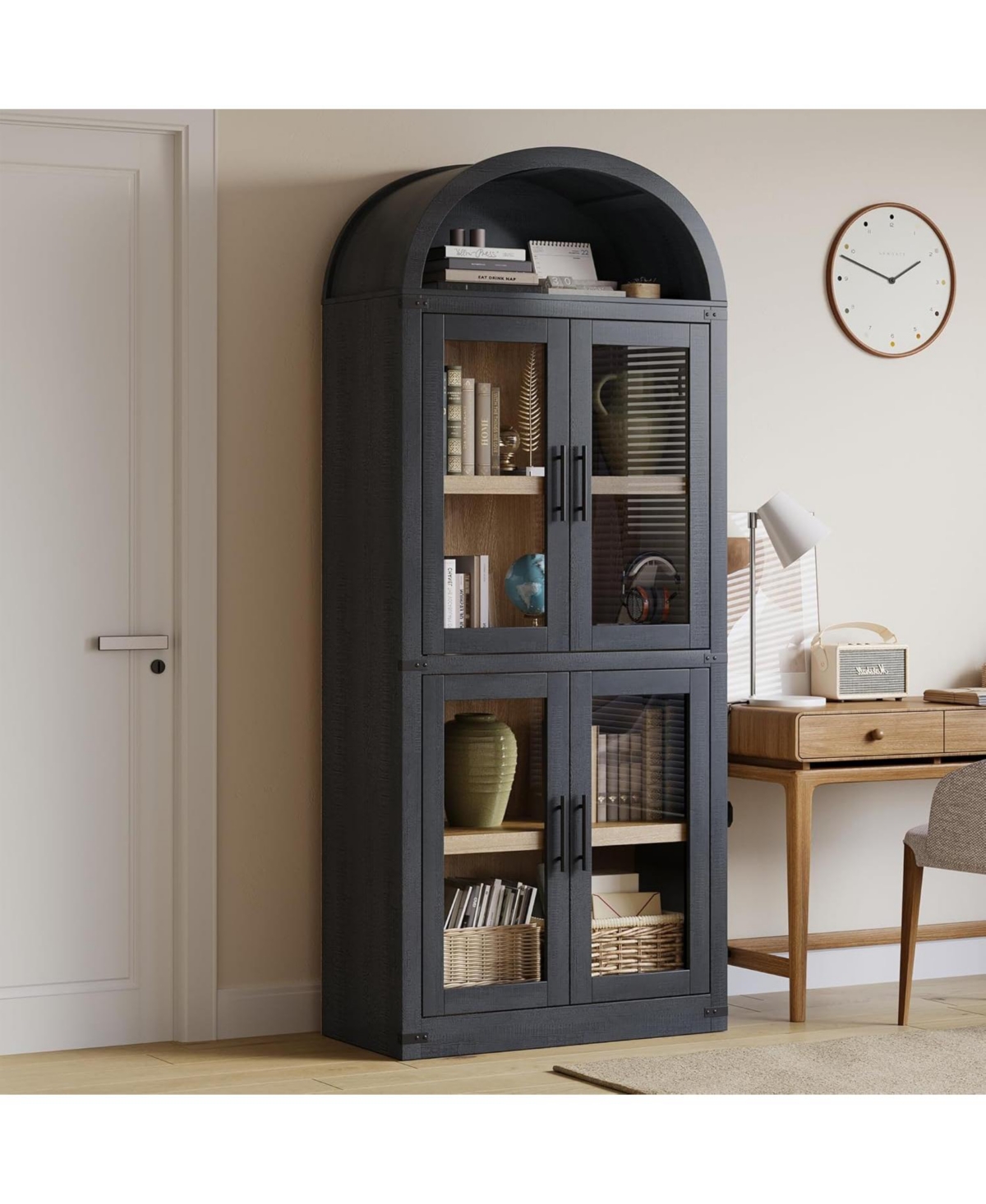 gaomon 71.4 Inch Arched Bookshelf with Glass Doors, Rustic Premium Wood Display Cabinet for Living Room, Black