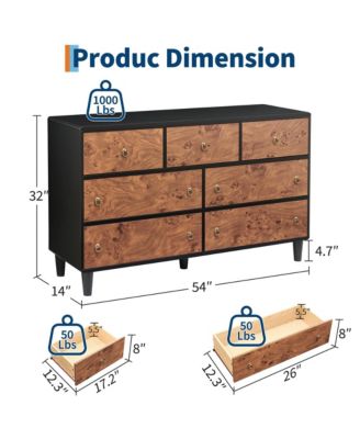7 Drawer Modern Dresser, Space-Saving Narrow Wood Chest with Curved Profile, Vintage Handles, Bedroom, Entryway