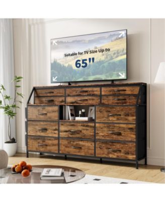 14 Foldable Fabric Drawer Dresser with Wood Top, TV Stand, Open Shelves, Metal Frame, Bedroom, Living Room, Brown