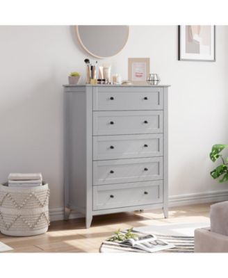White 5 Drawer Modern Tall Nightstand, Deep Drawers, Nickel Round Handle, Chest Organizer for Bedroom
