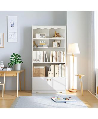 5-Tier Modern Bookshelf Display Cabinet, 63" Floor Standing Storage Organizer, Walnut Finish, White