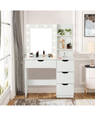 36 Inch Makeup Vanity Table with Lights, Lighted Mirror, Power Outlet, Modern Bedroom Dressing Desk