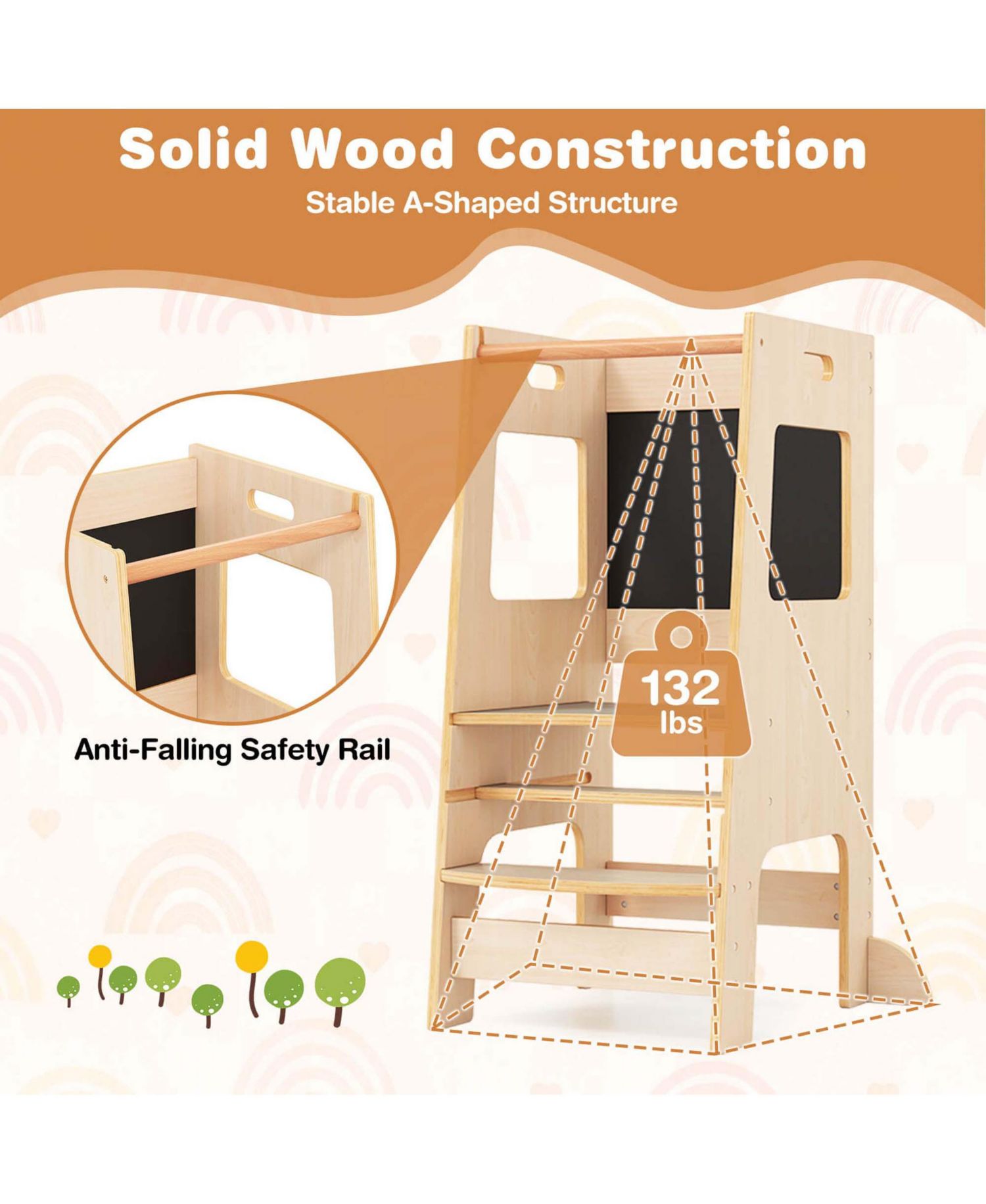 Toddler Kitchen Step Stool with Activity Chalkboard Adjustable Height & Safety Rail