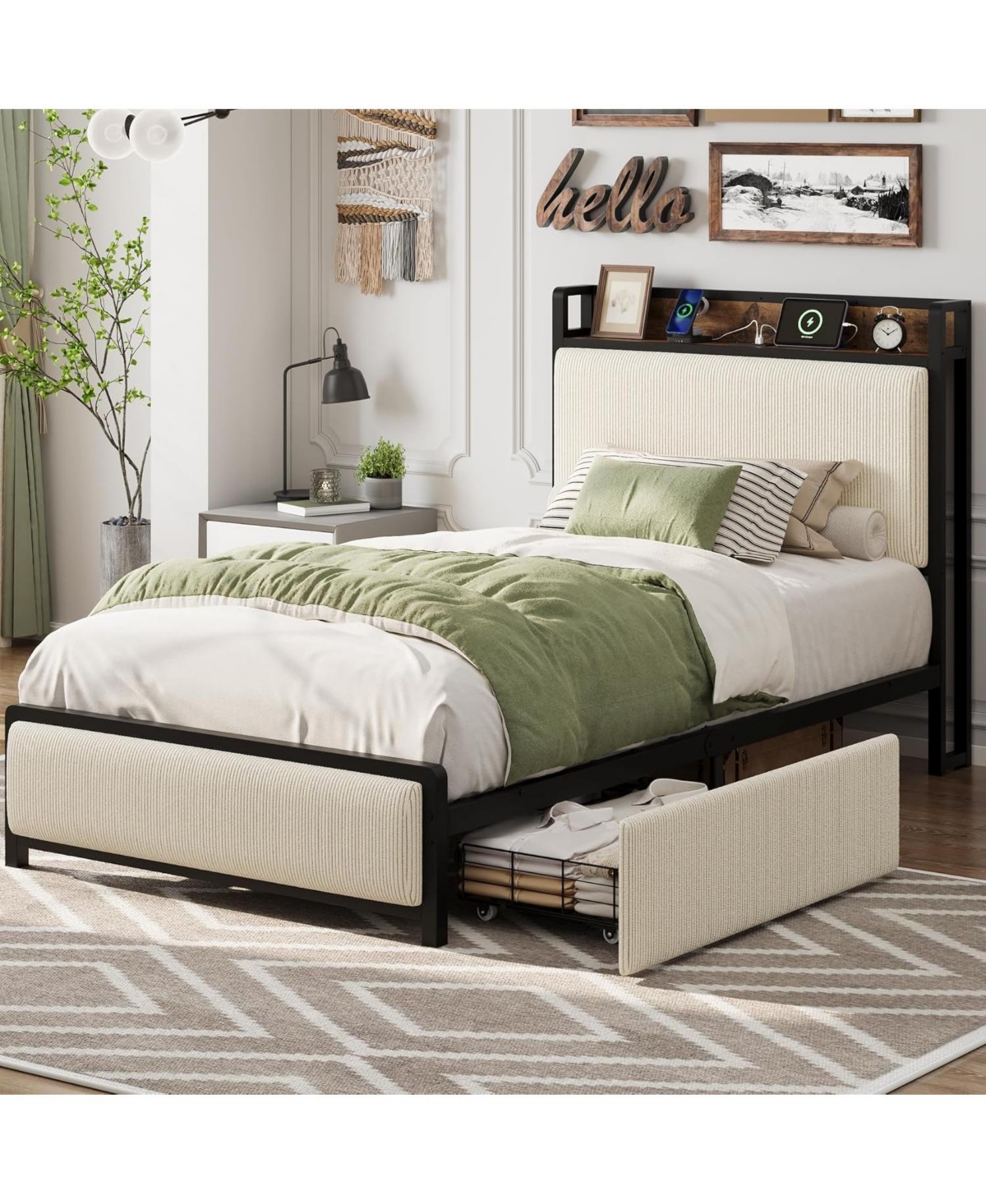 gaomon Twin Bed Frame with Storage Drawers & Charging Station - Rustic Velvet Upholstered Platform Bed, No Box Spring Needed